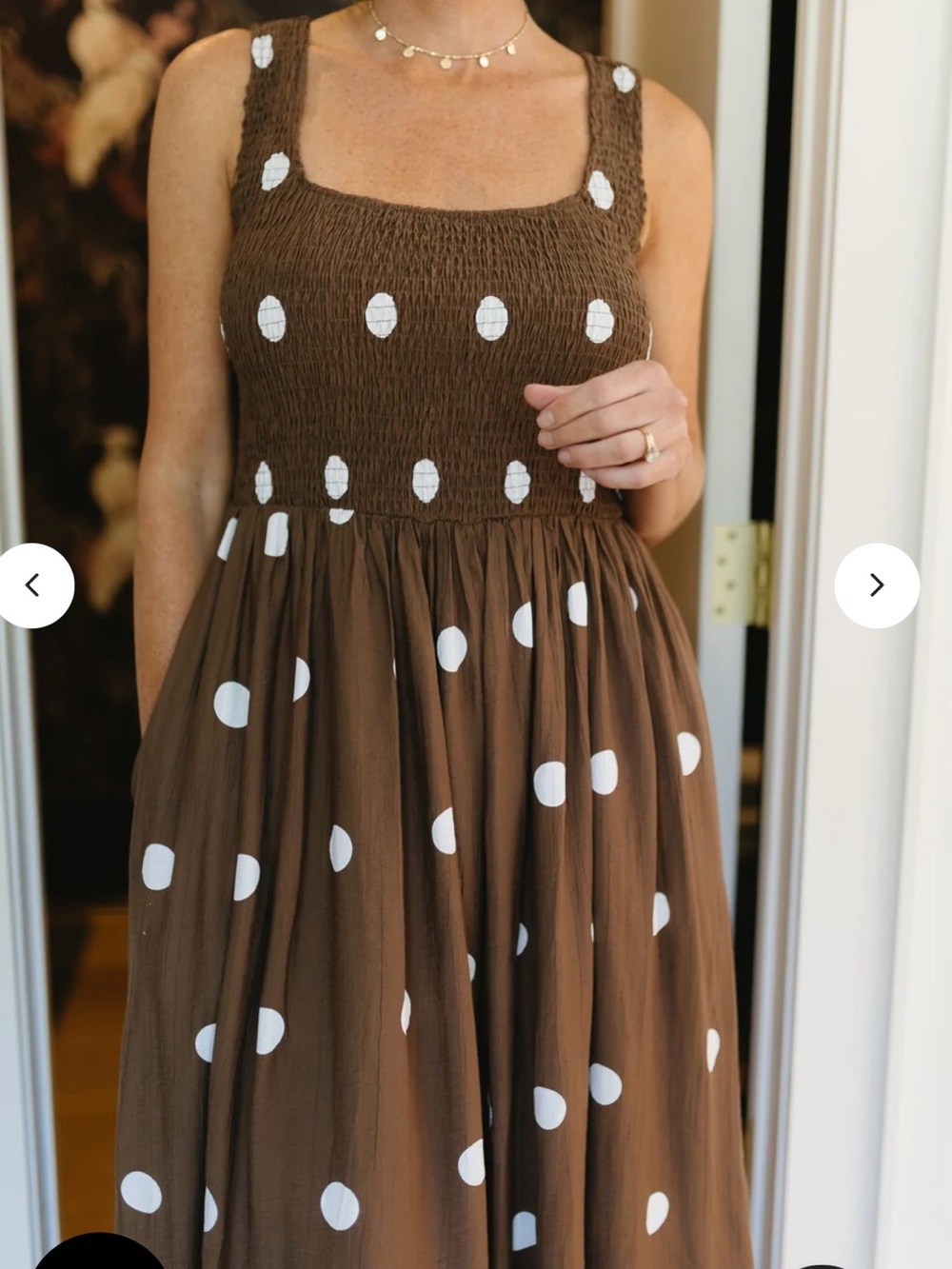 Vestique Brown Polka Dot Maxi Dress with Smocked Bodice - Picture 3 of 5